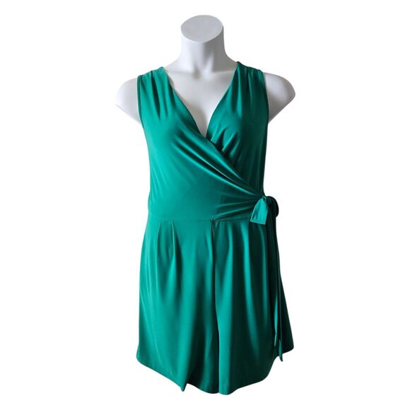 Emma & Michele Green Jersey Knit Faux Wrap Romper • Sleeveless • Fits 1X 14/16 - Picture 1 of 10